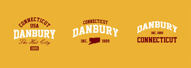 Wall Mural - Set t-shirt stamps graphic, Connecticut logo travel wear typography emblem Danbury vintage tee print, sport apparel design shirt graphic print