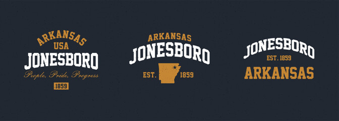 Wall Mural - Set t-shirt stamps graphic, Arkansas logo travel wear typography emblem Jonesboro vintage tee print, sport apparel design shirt graphic print