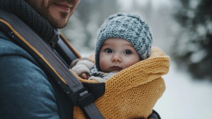 Dad With Baby Carrier. Caucasian Father Carrying Awake Baby Boy in Warmth