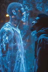 Wall Mural - a man and a man's reflection are standing in front of a window