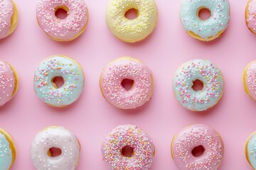 Wall Mural - A vibrant arrangement of pastel donuts with enticing frostings and sprinkles, set against a cheerful pink background, perfect for any festive celebration or joyful occasion for sweets