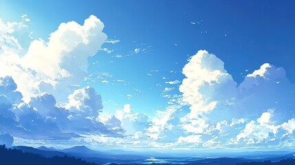 夏の空と入道雲のアニメ風イラスト