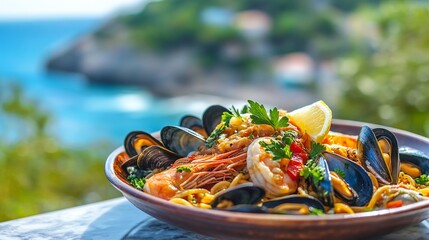 Wall Mural - delicious pasta dish, seafood linguine with mussels, clams