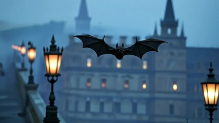 Wall Mural - A bat flying over an old European bridge with lit lanterns, evoking eerie Halloween and Gothic themes in a twilight setting