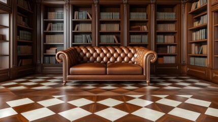 Poster - A brown leather couch in a library with bookshelves, AI