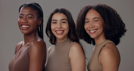 Wall Mural - Women, happy and inclusion with face in studio for dermatology, beauty or solidarity on gray background. Friends, portrait and diversity with smile for self care, cosmetics or facial transformation