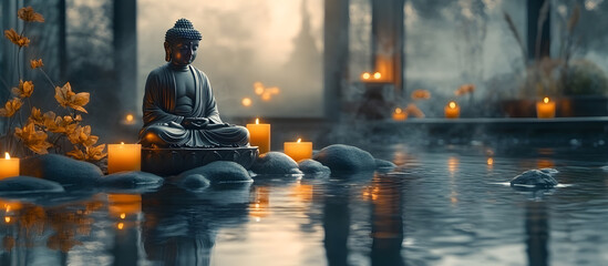 Wall Mural - A statue of Buddha is sitting on a rock in front of a body of water