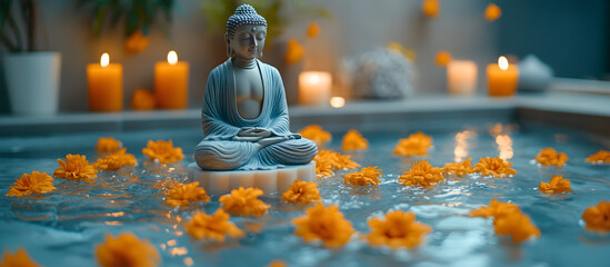 Wall Mural - A statue of Buddha is sitting on a small platform in a pool of water