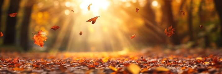 In the autumn park, vibrant orange and golden leaves shimmer in warm sunlight, while illuminated trees create a stunning bokeh effect, capturing the enchanting magic of the fall season