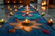 © Vera - Diwali (Hindu festival). A close-up shot of colorful rangoli designs at the entrance of a home, symbolizing prosperity and good luck for the upcoming year.