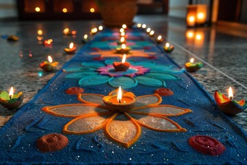 Diwali (Hindu festival). A close-up shot of colorful rangoli designs at the entrance of a home, symbolizing prosperity and good luck for the upcoming year.