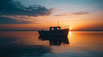 Silhouette of fishing boat on calm water at sunset, serene maritime landscape, copy space