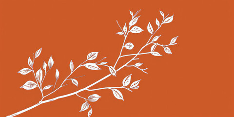 Wall Mural - A simple white line drawing on a burnt orange background of a tree branch with a few leaves. The vibrant color emphasizes the natural beauty of the foliage.
