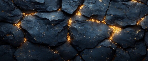 Close-up of rough, dark grey rock with cracks filled with glowing golden light.