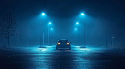 Canvas Print - A solitary car parked in a deserted street illuminated by blue streetlights on a foggy night