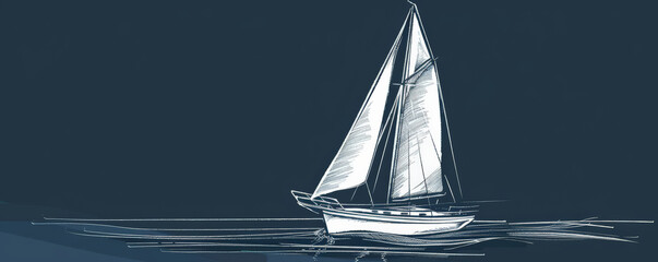 A simple white line drawing on a navy blue background of a sailboat with sails full of wind. The dark, calm color enhances the peacefulness of a day at sea.