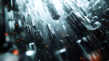 Aufkleber - Abstract depiction of floating geometric shapes in a dark environment illuminated by particles and light
