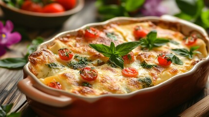 Creamy homemade Italian vegetable lasagna baked in ceramic dish with melted cheese, tomatoes, and fresh basil