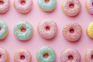 A visually appealing display of pastel donuts with vibrant frosting and colorful sprinkles, set against a lovely pink backdrop, perfect for any joyful celebration or sweet festivity