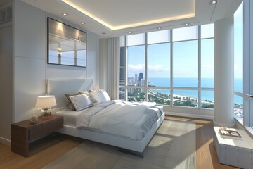 Poster - A room with a large window showing a cityscape, perfect for use in interior design or urban lifestyle images