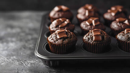 close-up of chocolate sweet muffins in metal baking tray molds on a kitchen table delicious desserts