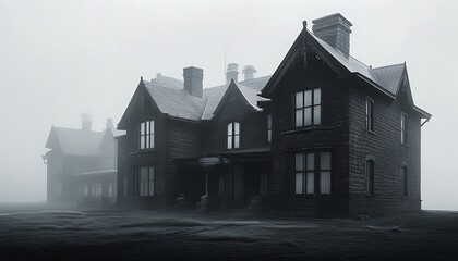 Wall Mural - The black-and-white building is shrouded in fog, creating a mysterious atmosphere. The background sky is densely cloudy and looks particularly solemn.