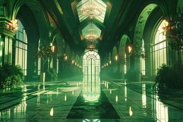 Aufkleber - A grand hall lit by two chandeliers, ideal for events or architecture photography