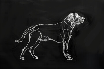 A simple white line drawing on a black background of a dog in a playful stance. The minimalist lines capture the energy and joy of the dog.