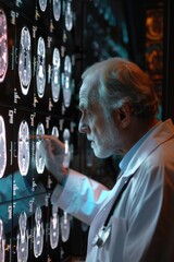 Poster - A professional in a lab coat studying medical imaging scans, useful for healthcare and scientific concepts