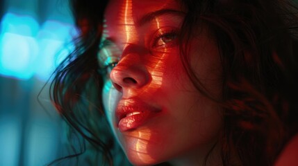 Aufkleber - Close-up shot of a woman's face illuminated by red light