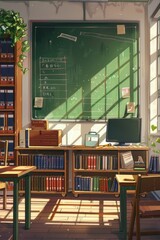 Poster - Classroom scene with chalkboard and student desks