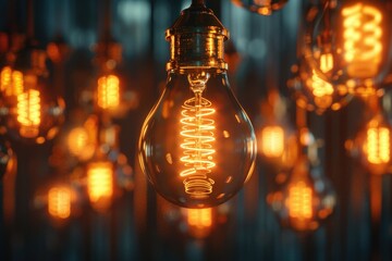 Poster - A cluster of light bulbs suspended from the ceiling, ready for use