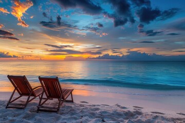 Poster - Two chairs sit on a beach as the sun sets in the background, with a warm glow and calm ocean waters