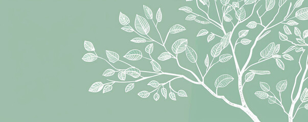 Wall Mural - A simple white line drawing on a mint green background of a tree with lush leaves. The soft color emphasizes the vitality and freshness of nature.