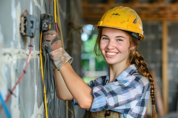 Poster - Construction worker in hard hat and vest fixing concrete wall