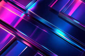 A cutting-edge abstract background featuring sleek metallic surfaces with glowing neon accents in blue and purple. The design incorporates dynamic geometric shapes and smooth gradients.