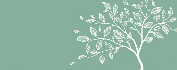 Wall Mural - A simple white line drawing on a mint green background of a tree with lush leaves. The soft color emphasizes the vitality and freshness of nature.