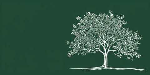 A simple white line drawing on a forest green background of a tree with thick branches and leaves. The deep color emphasizes the natural strength and vitality of the tree.