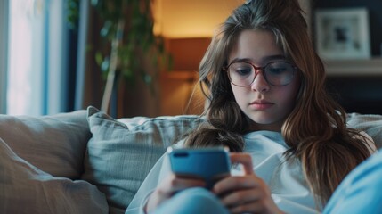 Canvas Print - A person sitting on a couch looking at their mobile phone