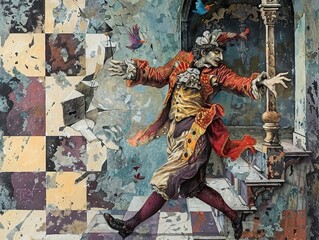 A jester in a red and gold costume runs through a crumbling building with a checkerboard floor, birds fly around him.