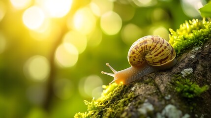 Closeup nature photography of garden snail crawling on mossy tree bark in dappled sunlight, copy space