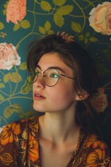 Poster - A person wearing glasses and a floral shirt, suitable for use as a character illustration or in a business setting