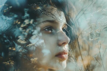 Poster - Close-up portrait of a woman with a peaceful expression, set against a natural backdrop