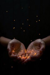 Sticker - A person holds out their hands against a warm glow of fireflies in the background