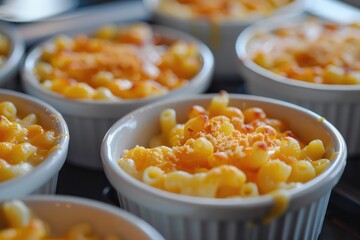 Poster - A collection of colorful bowls filled with creamy macaroni and cheese, perfect for a comforting meal or snack