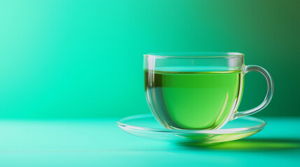 cup of green tea isolated on blue background