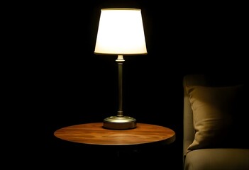 Wall Mural - small side table with a lamp, isolated on a black background, creating a warm glow create with ai