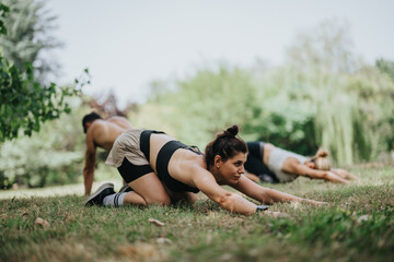 Wall Mural - Group outdoor workout session on grass. People performing stretching exercises in a serene natural setting.