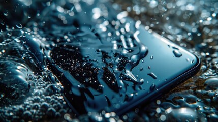 Poster - A close-up view of a cell phone submerged in water