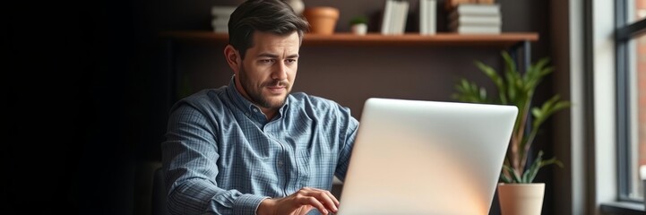 A handsome young man using a laptop, a Freelance man working on a laptop at a home office, A young man working with a computer in a dark office, the concept of business and technology.